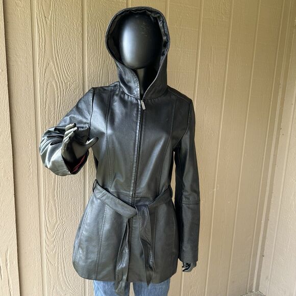 Croft‎ And Barrow Leather Jacket Womens Size Medium Black Button Up Lined Hooded - Picture 1 of 10